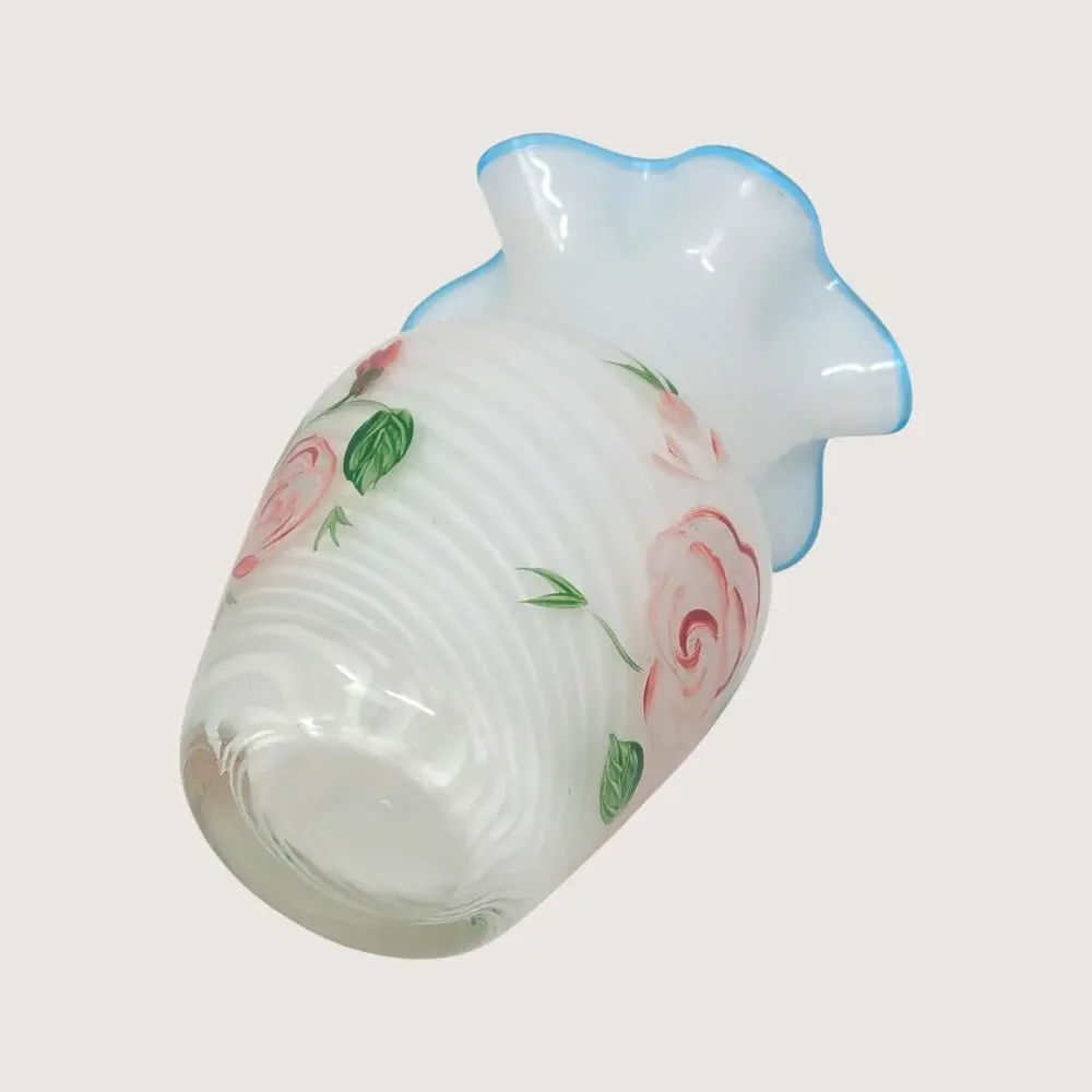 1970s Fenton White Swirl Glass Painted Rose Vase